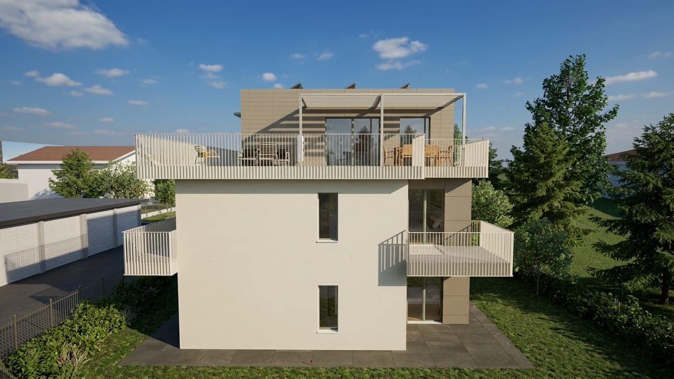Prospetto posteriore di Residenza Pedaggio con il terrazzo panoramico dell'attico e il giardino a prato