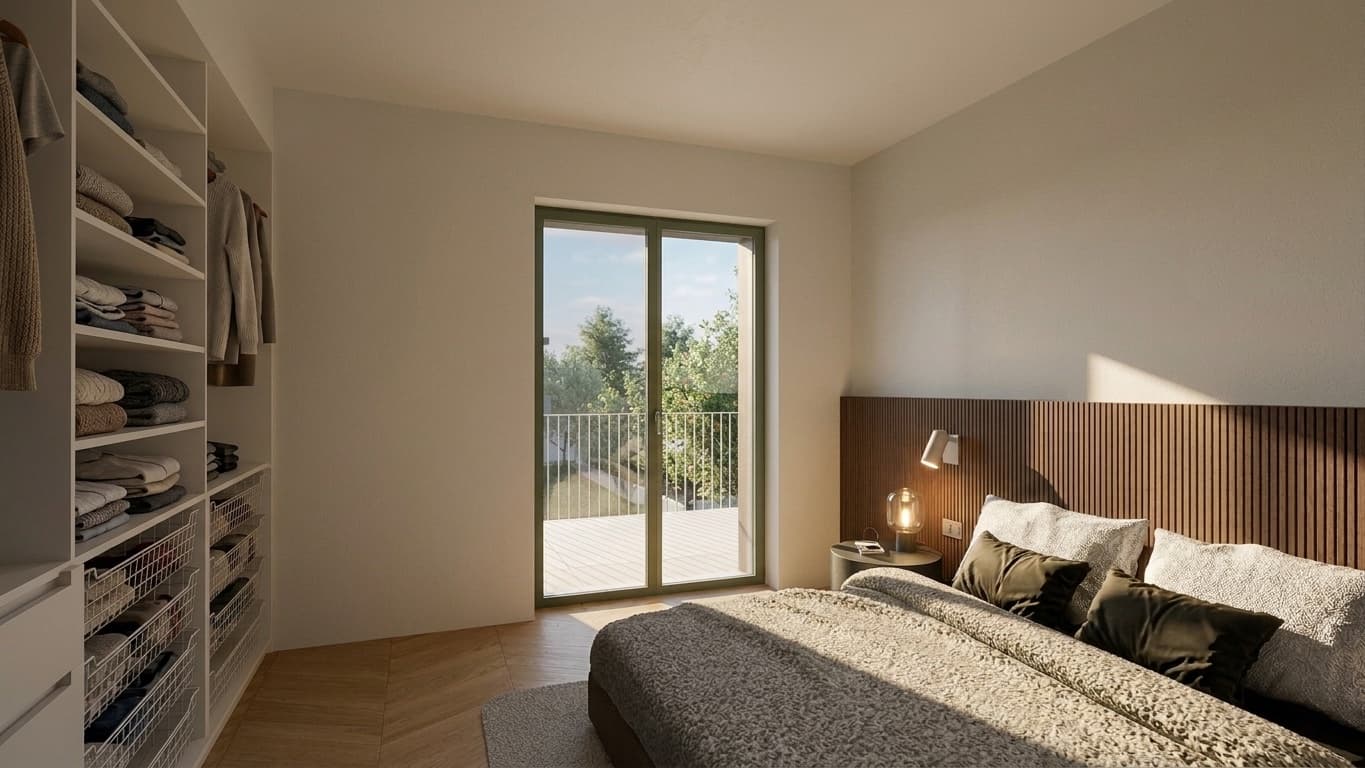 Camera matrimoniale con cabina armadio e porta finestra sul balcone privato, Residenza Pedaggio