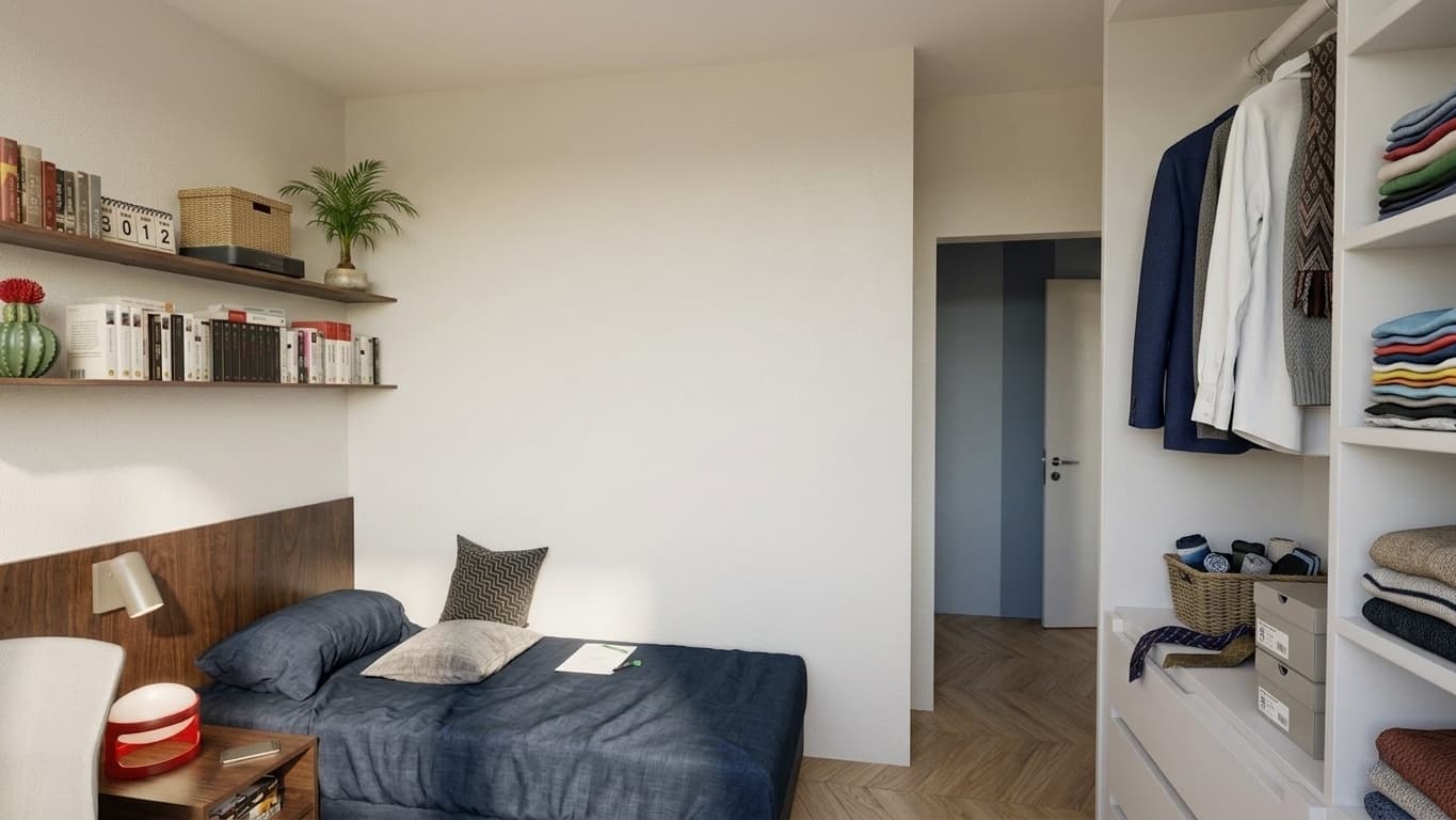Camera singola con testata in legno, mensole libreria e cabina armadio, Residenza Pedaggio