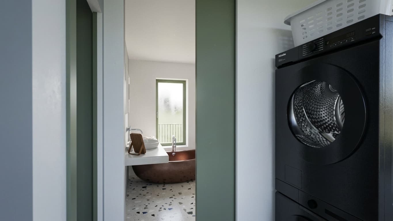 Zona lavanderia dell'attico affacciata sul bagno padronale con vasca in rame, Residenza Pedaggio