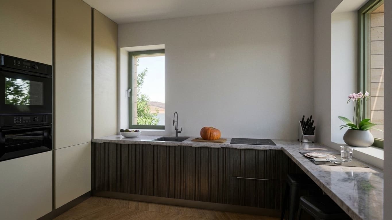 Cucina dell'attico con penisola in pietra e finestra sulle colline del Canavese, Cuorgnè
