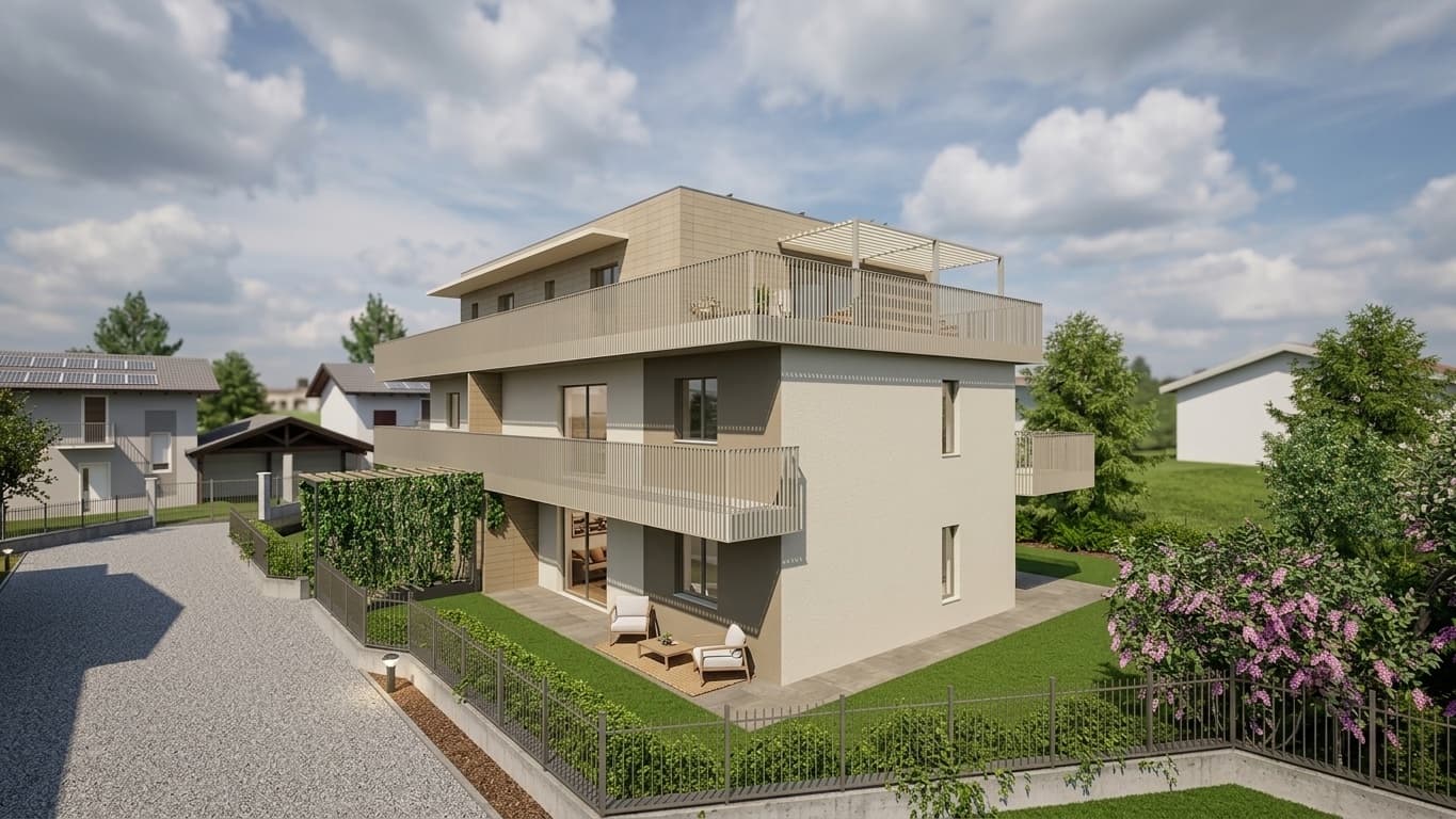 Vista d'insieme di Residenza Pedaggio a Cuorgnè: edificio NZEB classe A4 con terrazzi e giardini privati