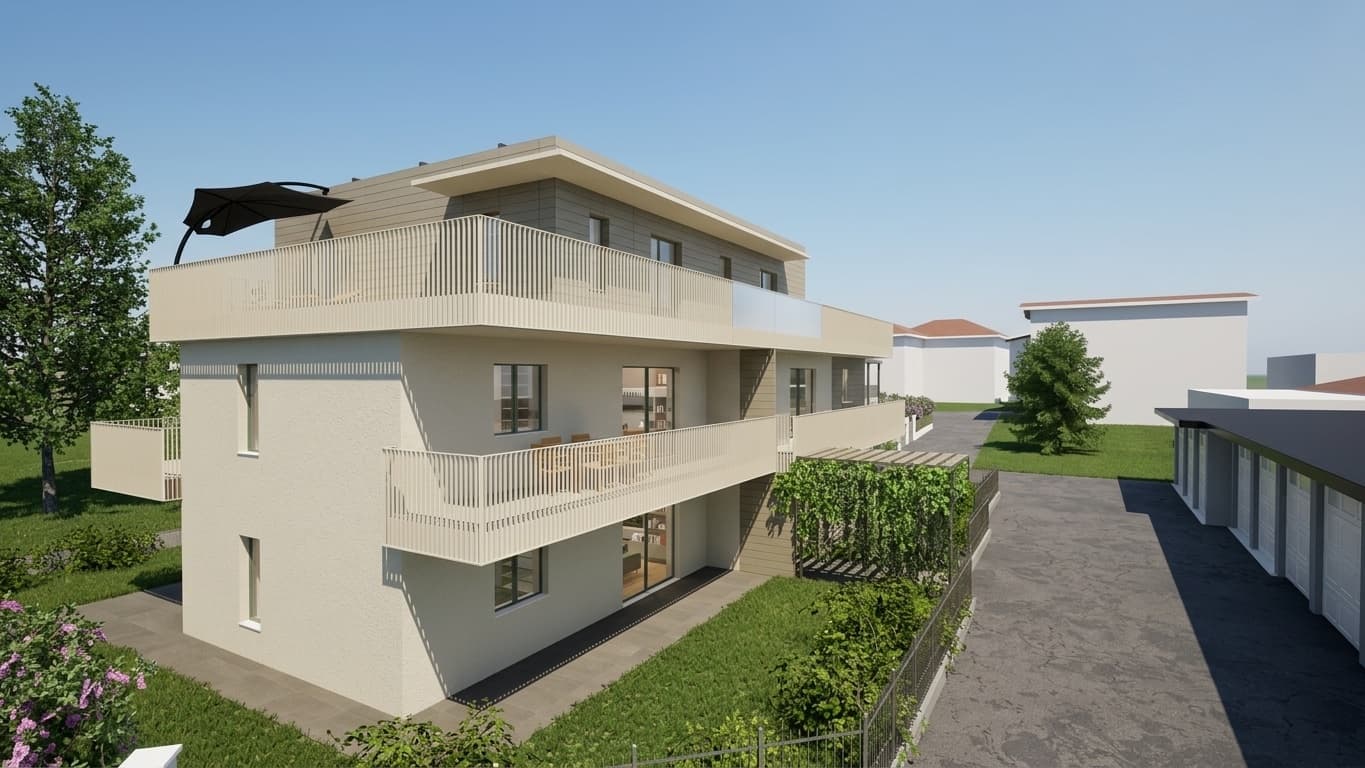 Prospetto laterale di Residenza Pedaggio, edificio su tre livelli con balconi e attico arretrato