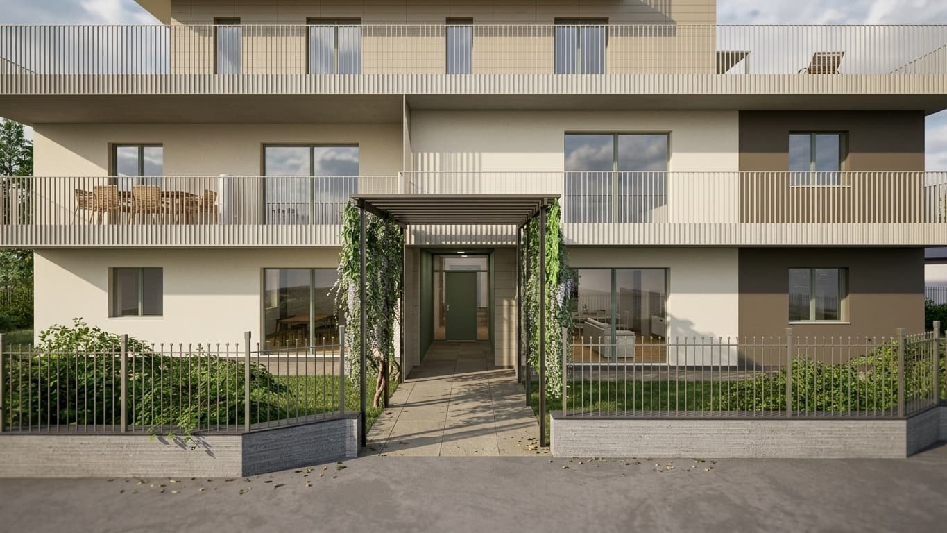 Fronte d'ingresso di Residenza Pedaggio a Cuorgnè, con pergolato rampicante tra i giardini privati