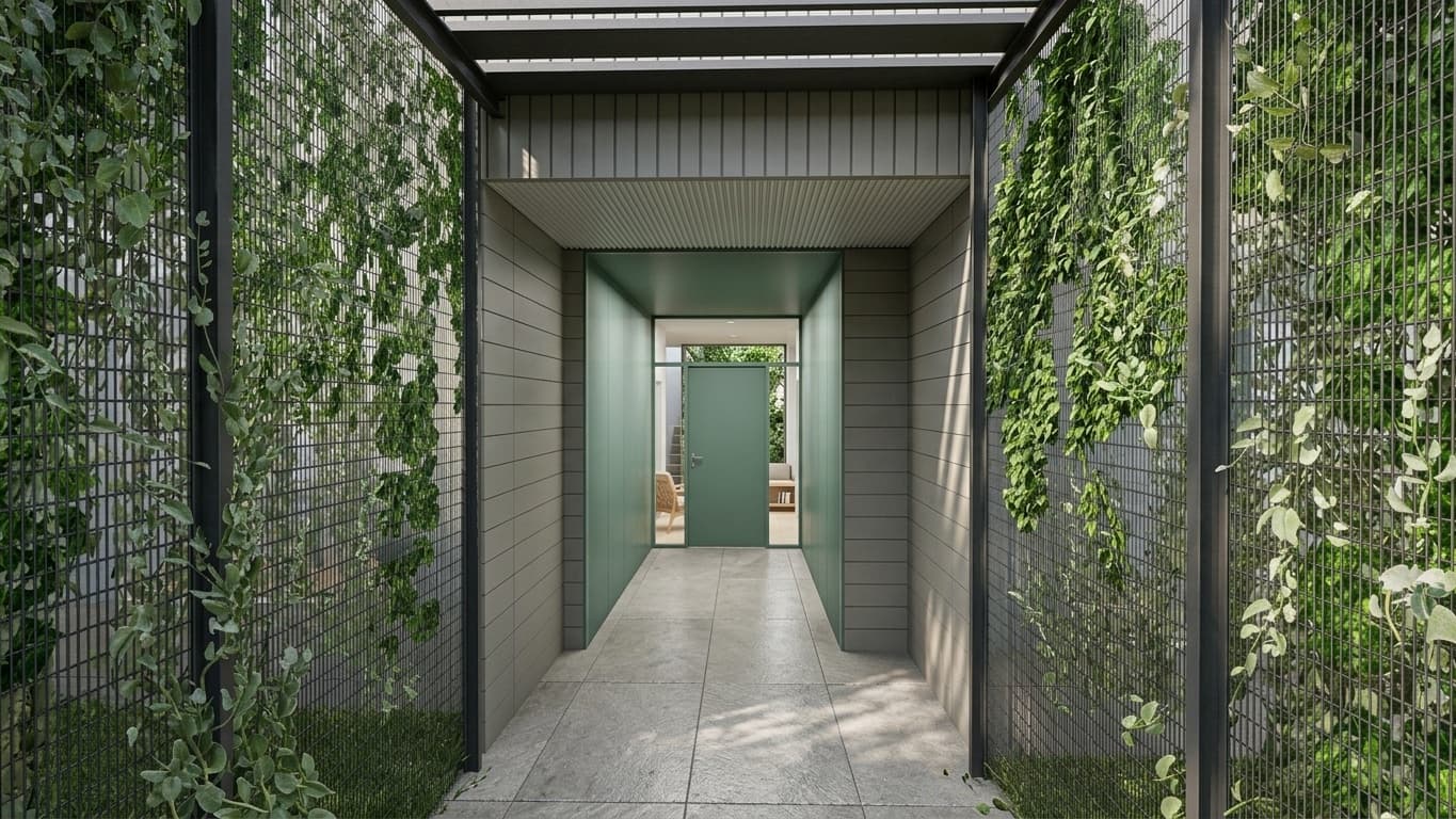 Percorso d'ingresso coperto con grigliati vegetali e accesso al vano scala, Residenza Pedaggio