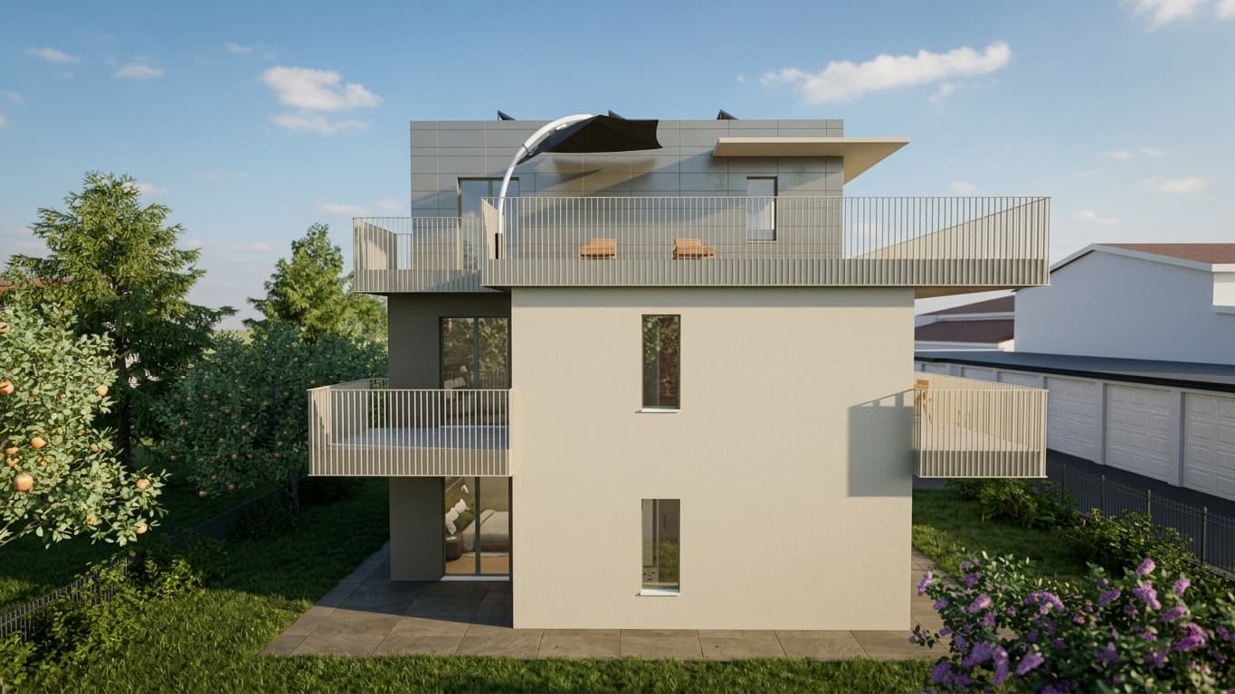 Fianco di Residenza Pedaggio a Cuorgnè con il balcone del piano primo e il terrazzo dell'attico