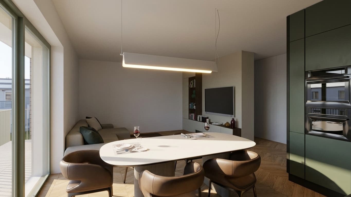 Zona giorno open space con tavolo ovale, divano e cucina verde a tutta altezza, Residenza Pedaggio