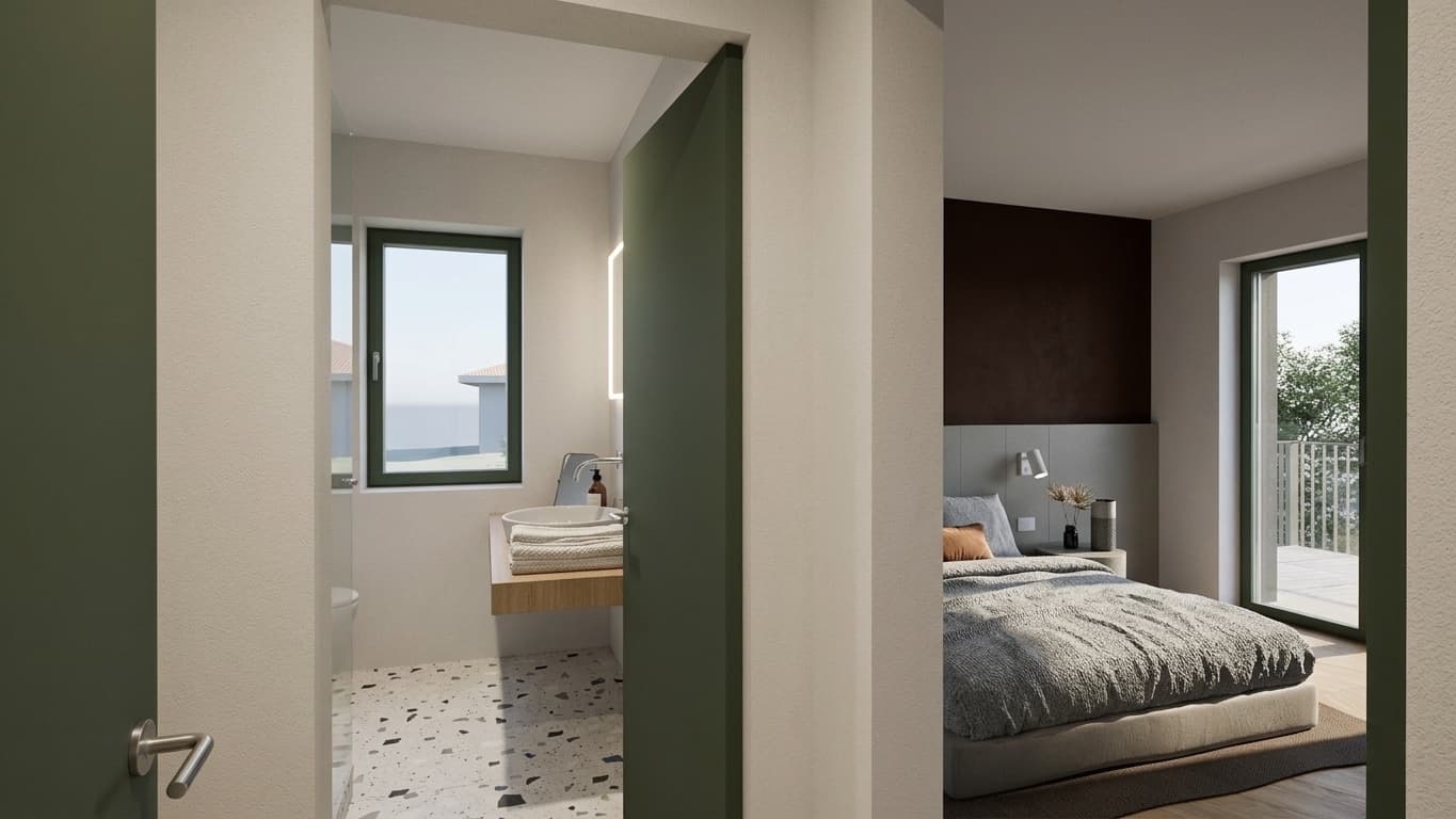 Bagno finestrato con lavabo d'appoggio accanto alla camera matrimoniale, Residenza Pedaggio